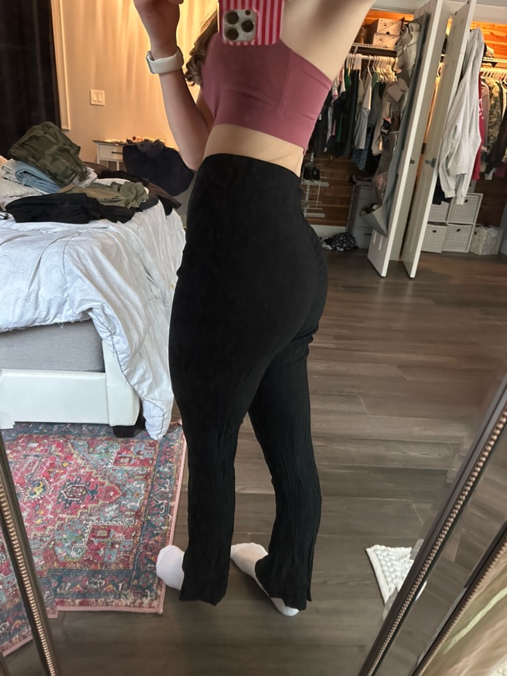 H&M Black Ribbed High-Waist Flare Pants